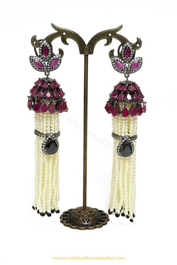 Oxidised Silver Rubby Jhumki Earrings by PTJ
